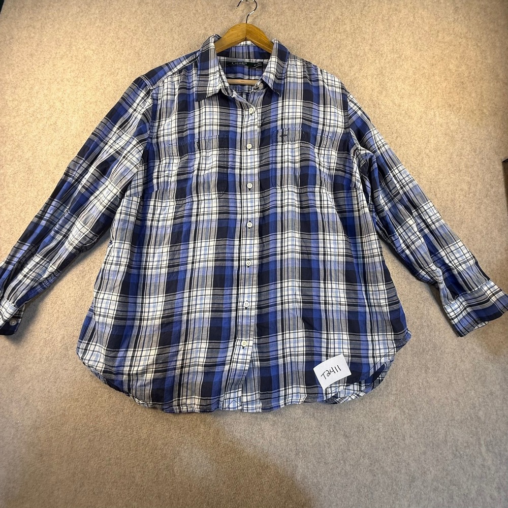 Lauren Ralph Lauren Blue White Plaid Button Down Shirt Plus Size 2X Long Sleeve